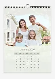 A light calendar template featuring a happy family with children near their home on an olive green background. Large photos with grunge edges.