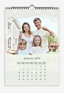 A light calendar template featuring a happy family with children near their home on an olive green background. Large photos with grunge edges.