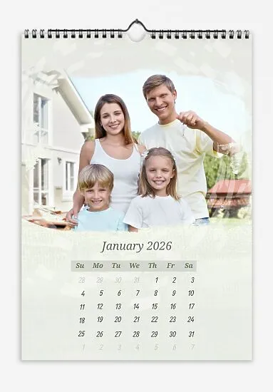 A light calendar template featuring a happy family with children near their home on an olive green background. Large photos with grunge edges.