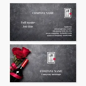 Restaurant Business Card Template "Cutlery, Wine Bottle and Roses"