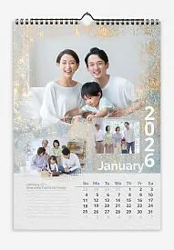 Calendar template with family photos.Family photos against a backdrop of worn gold leaf. Birthdays of all relatives. Spaces for notes.