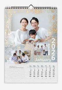 Calendar template with family photos.Family photos against a backdrop of worn gold leaf. Birthdays of all relatives. Spaces for notes.