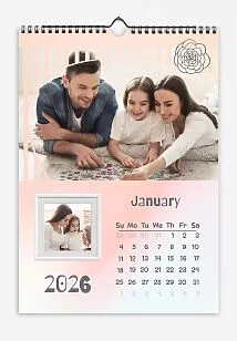  Pastel Rose Pink and White Photo Calendar. Family photos are stylized and framed with childish fonts and drawings.