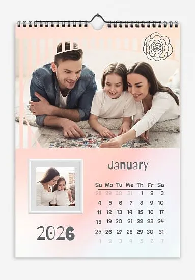  Pastel Rose Pink and White Photo Calendar. Family photos are stylized and framed with childish fonts and drawings.