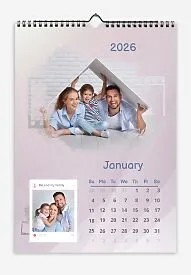 Stylish Pastel Colored Calendar. Photos of a happy family with film and Polaroid paper format, with likes and captions for the photos.