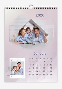 Stylish Pastel Colored Calendar. Photos of a happy family with film and Polaroid paper format, with likes and captions for the photos.