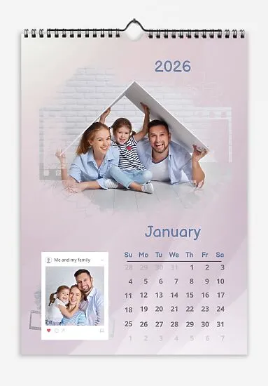 Stylish Pastel Colored Calendar. Photos of a happy family with film and Polaroid paper format, with likes and captions for the photos.
