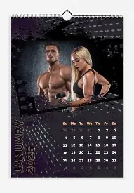A calendar template for a sporty bodybuilding family with a dynamic dark background. Large photos with film stripes and grunge edges.