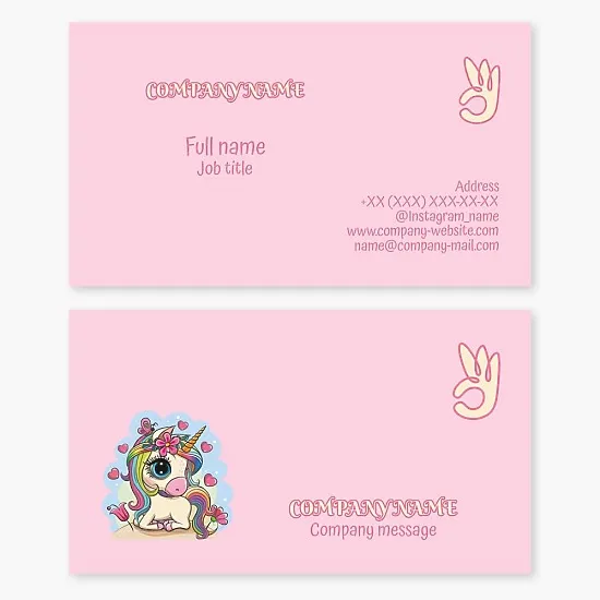 Business Card Template Kids Cartoon Hand, Ok, Unicorn
