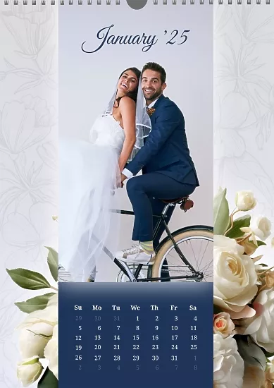 Calendar template Wedding newlyweds with wedding bouquet on background