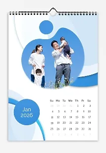 Calendar template "Young family with children" in the style of the predominant color of the photographs with color circular spots in the background color of the photographs.
