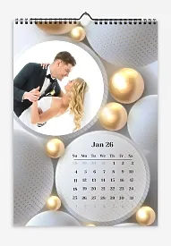 Wedding calendar template "Young family against a background of beads and golden pearls."