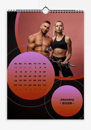 Calendar template for a sporty bodybuilding family with gradient balls on an expressive dark background.