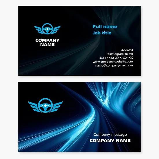 Business card template "Steering wheel with wings". Driving school, cargo transportation, car rental.