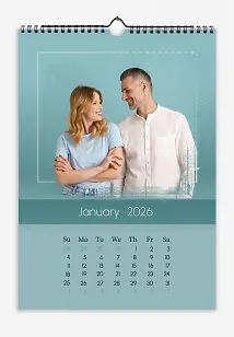 The Young Family calendar template features a loving couple with large photos, a separate, interrupted border, and clean fonts. The calendar background matches the background of the photos.