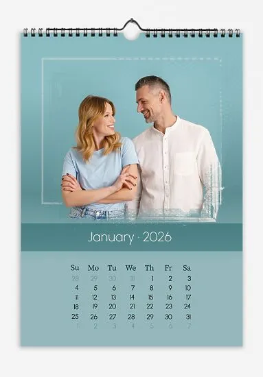 The Young Family calendar template features a loving couple with large photos, a separate, interrupted border, and clean fonts. The calendar background matches the background of the photos.
