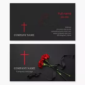 Business card template. Funeral home, funeral agency, burial service. Two carnations, mourning ribbon, biblical cross.