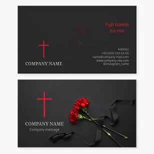 Business card template. Funeral home, funeral agency, burial service. Two carnations, mourning ribbon, biblical cross.