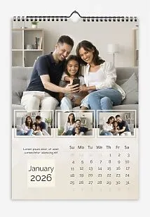 Calendar Template Best Family. Large accent photos and many smaller framed photographs with quotes from members of the happy family.