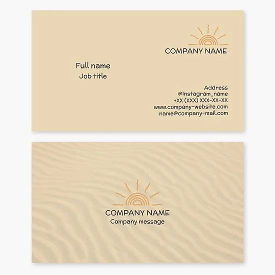 Business card template with sand texture. Sun. Travel agency. Beach products and services. Resort hotel and homes.