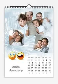 Calendar template with family photos. Family in front of seasonal macro photos with funny emojis.