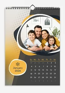 A "Happy Family with Two Children" calendar template with circular elements in the colors of family member photos and seasonal icons.