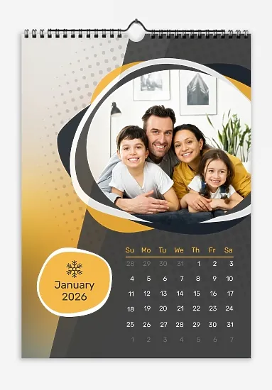 A "Happy Family with Two Children" calendar template with circular elements in the colors of family member photos and seasonal icons.