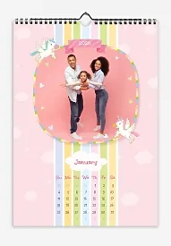 Cartoon calendar template of a happy family with a daughter in a fairy tale about unicorns with hearts and clouds.