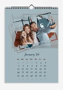A "Happy Mom, Dad, and Daughter" calendar template with multiple frames and handwritten fonts for text on a gray-blue background.