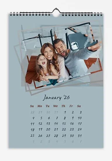 A "Happy Mom, Dad, and Daughter" calendar template with multiple frames and handwritten fonts for text on a gray-blue background.