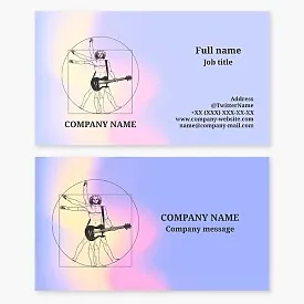 Vitruvian Man Playing Guitar Business Card Template. Musical band, guitar lessons, musical instruments sales.