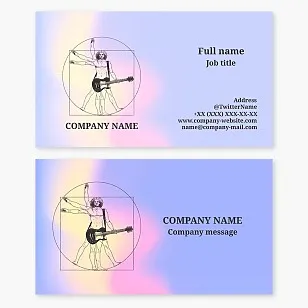 Vitruvian Man Playing Guitar Business Card Template. Musical band, guitar lessons, musical instruments sales.