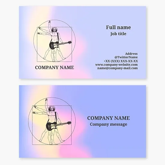 Vitruvian Man Playing Guitar Business Card Template. Musical band, guitar lessons, musical instruments sales.