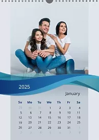 Calendar template Joyful family with abstract blue wave