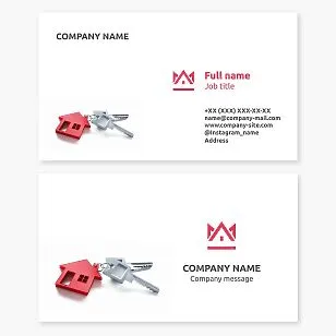 Business card template. Real estate company. Home sales and rentals. House, crown, door keys.
