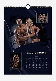 Calendar Template with Fitness Training Photos. Grunge, blurry, rectangular photographs of a couple sharing a common hobby, set against a dark background with dynamic, wavy lines.