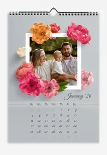 Calendar template: Young family with a child in a frame with large bright flowers on a gray background.