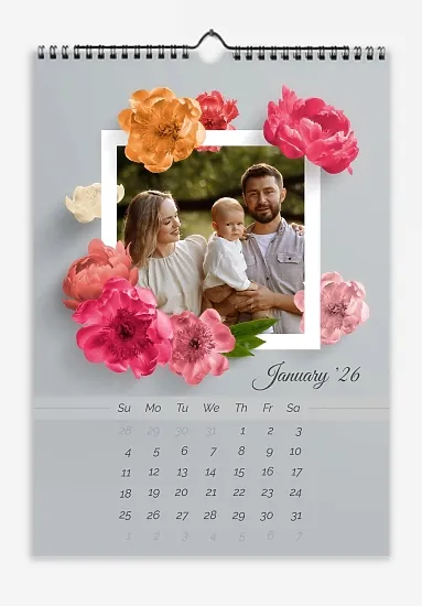 Calendar template: Young family with a child in a frame with large bright flowers on a gray background.