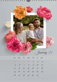 Calendar template Young family in frame with flowers