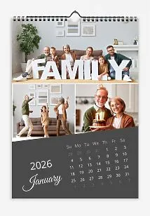 Calendar template with family photos. Family photo collages with tilted calendar grid.