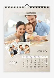 A calendar template for your family with multiple photos per sheet, with a light textured background from brush painting. Important family dates are highlighted on the calendar grid.