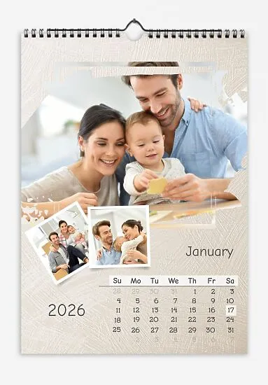 A calendar template for your family with multiple photos per sheet, with a light textured background from brush painting. Important family dates are highlighted on the calendar grid.