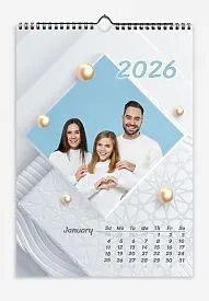 Calendar template with family photos. Square photographs of a happy family on a light background with patterns and yellow pearls.