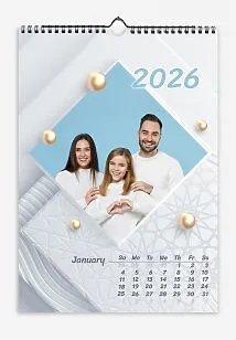 Calendar template with family photos. Square photographs of a happy family on a light background with patterns and yellow pearls.