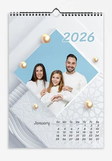 Calendar template with family photos. Square photographs of a happy family on a light background with patterns and yellow pearls.