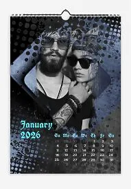 Lovers Calendar Template. Grunge-style photographs of a couple in love, with colorful backgrounds and old German fonts.