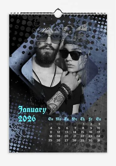Lovers Calendar Template. Grunge-style photographs of a couple in love, with colorful backgrounds and old German fonts.