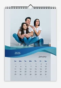 Calendar template "Joyful family with abstract blue wave on grey background".