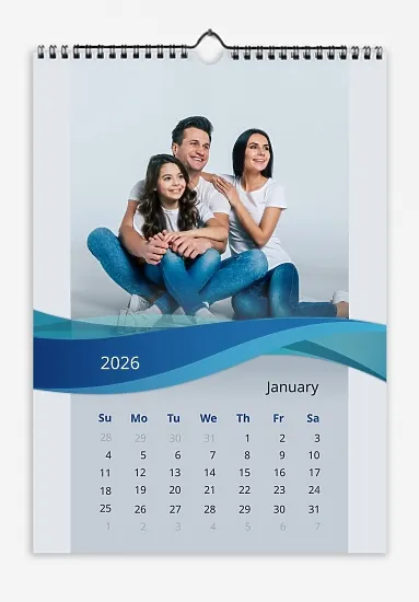 Calendar template "Joyful family with abstract blue wave on grey background".