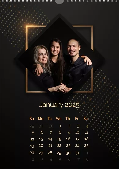 Calendar template Family photos on dark background with golden frame